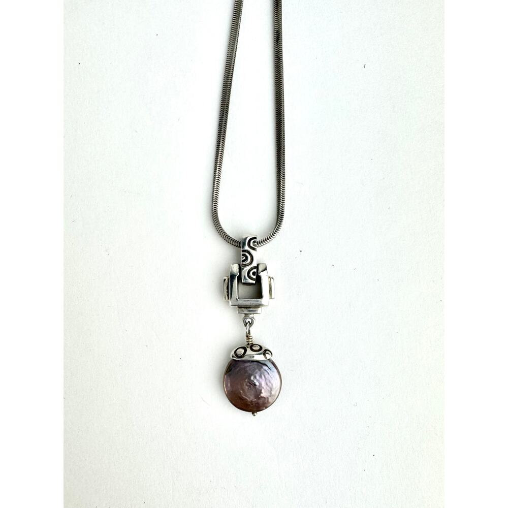 Lisa Jenks Pearl Coin Modernist Necklace Sterling Silver 925 Snake Chain